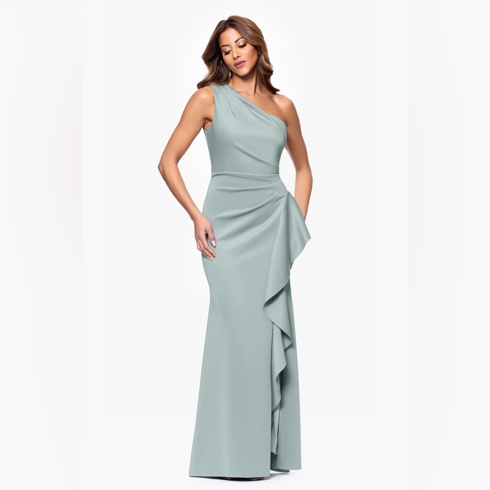 Xscape Sage Green One Shoulder Scuba Evening Gown Size 14P NWT Formal Maxi GALA